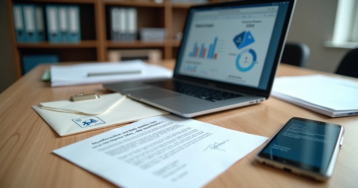 Mesa com carta impressa, notebook e painel de rastreamento de notificações 