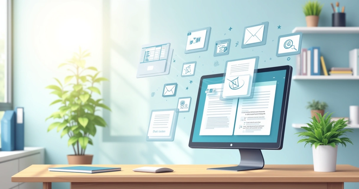 Escritório moderno com um computador mostrando software de correspondências automatizado e ícones flutuantes de ferramentas.