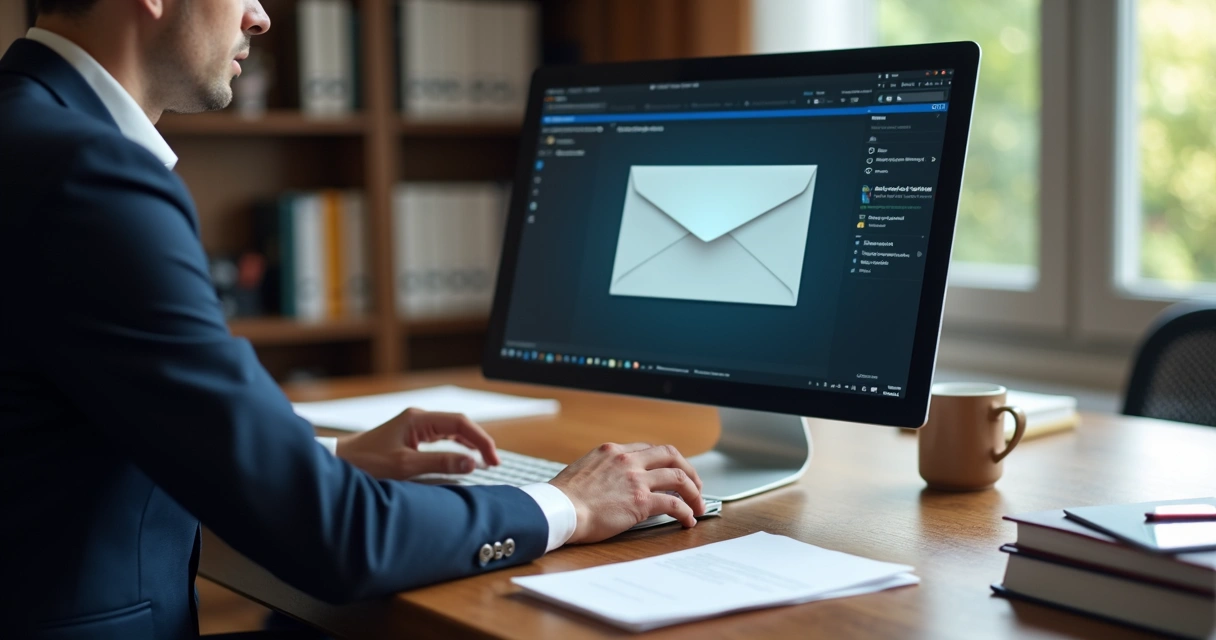 Advogado utilizando computador para enviar carta de cobrança 