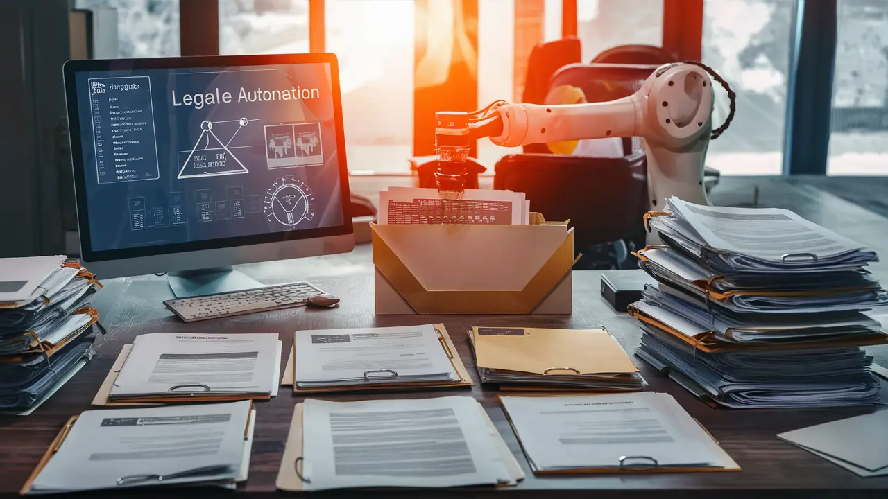Escritório de advogado com computador exibindo software de automação legal e braço robótico organizando documentos.