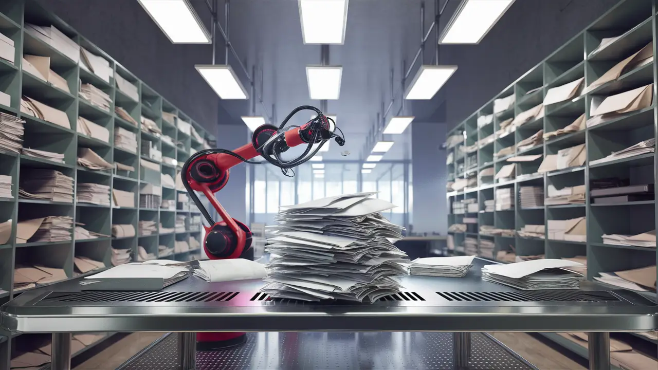 Braço robótico processando envelopes em mesa de metal em escritório moderno.
