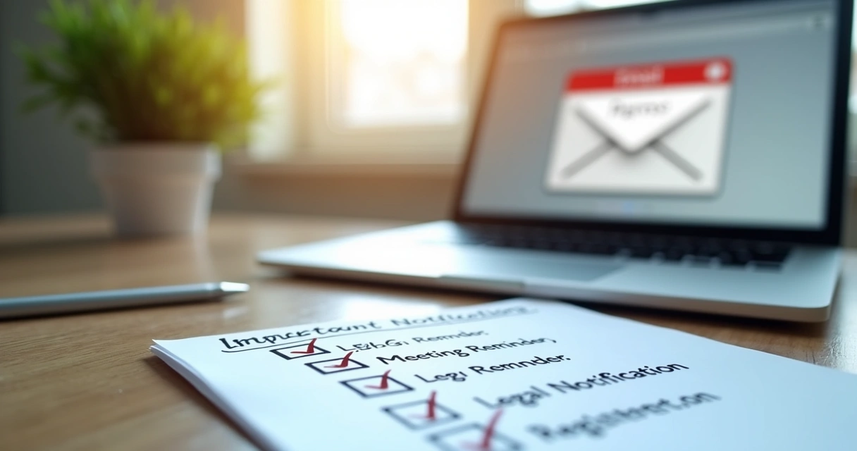 Escrivaninha com laptop mostrando e-mail registrado e lista de notificações importantes.
