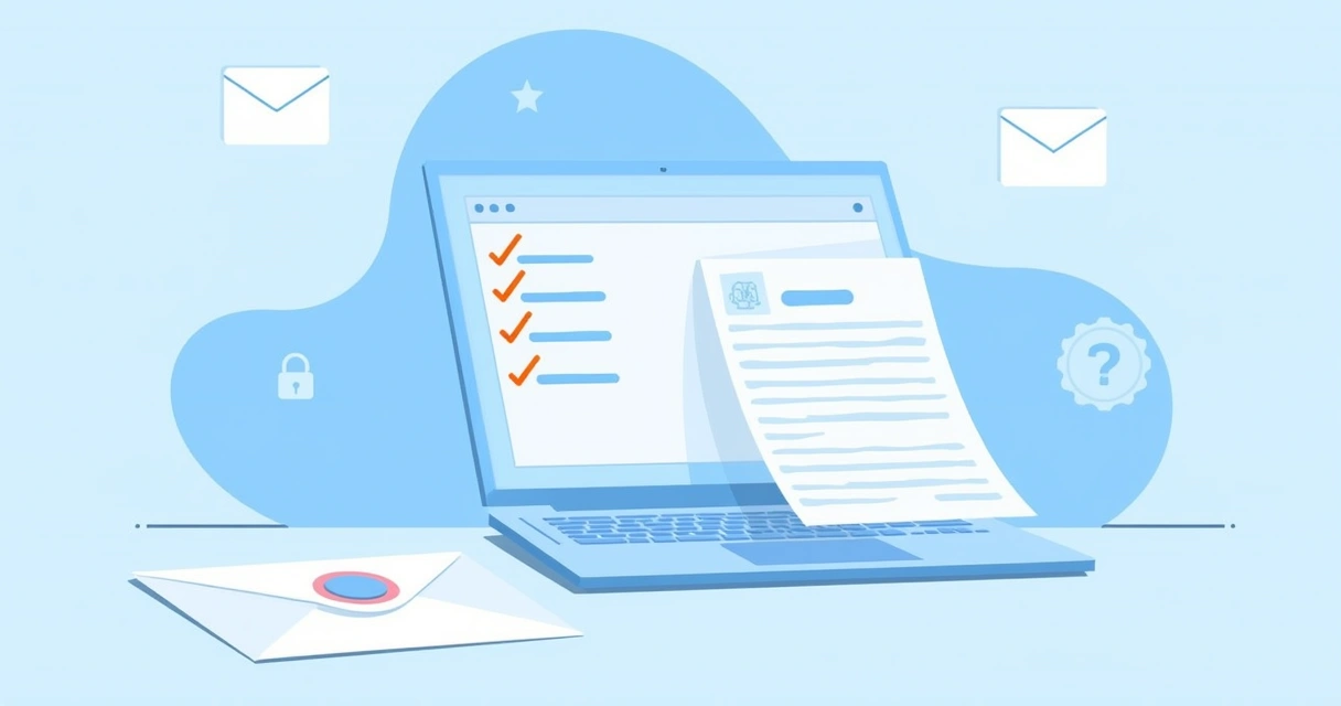 Ilustração de um laptop mostrando composição de e-mail e confirmação de leitura, simbolizando segurança na comunicação.