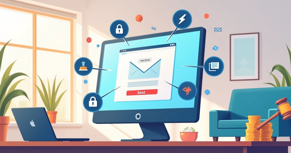 Ambiente de escritório moderno ilustrando benefícios do envio de e-mails registrados com ícones de segurança, rapidez e economia.