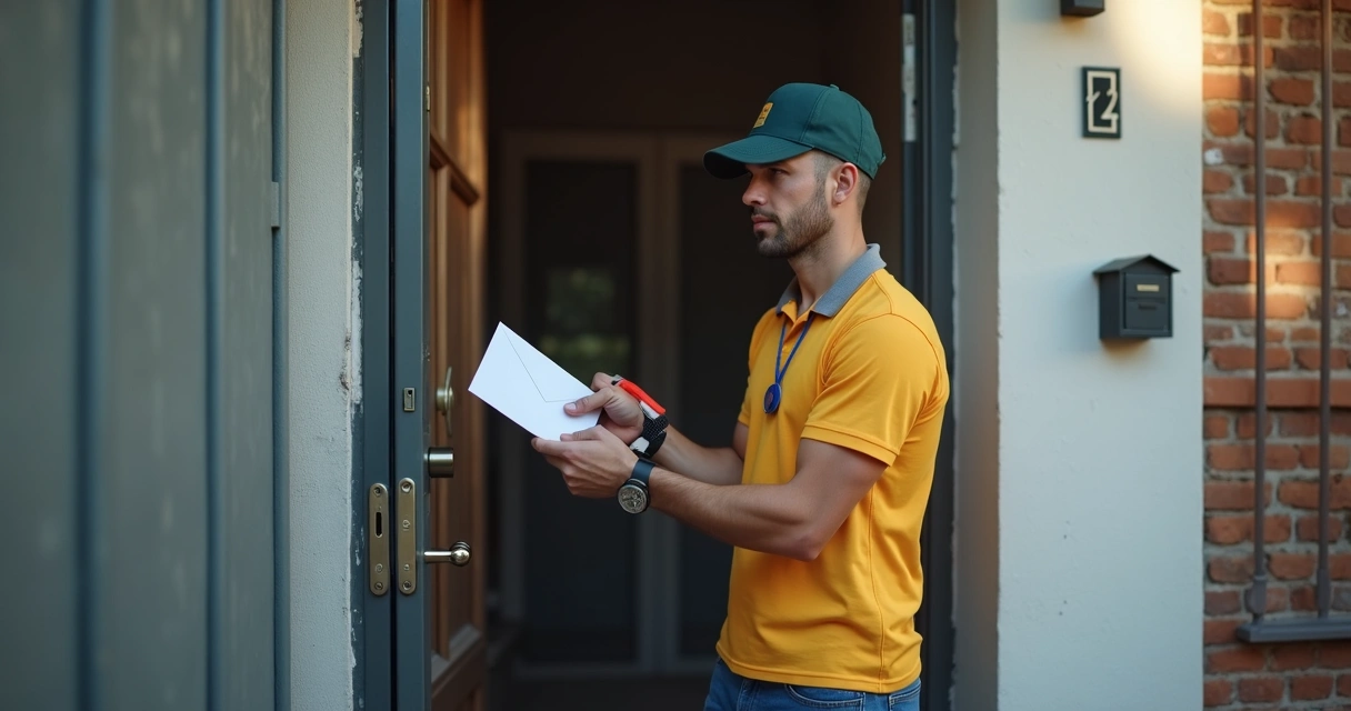 Carteiro registrando tentativa de entrega em porta residencial 