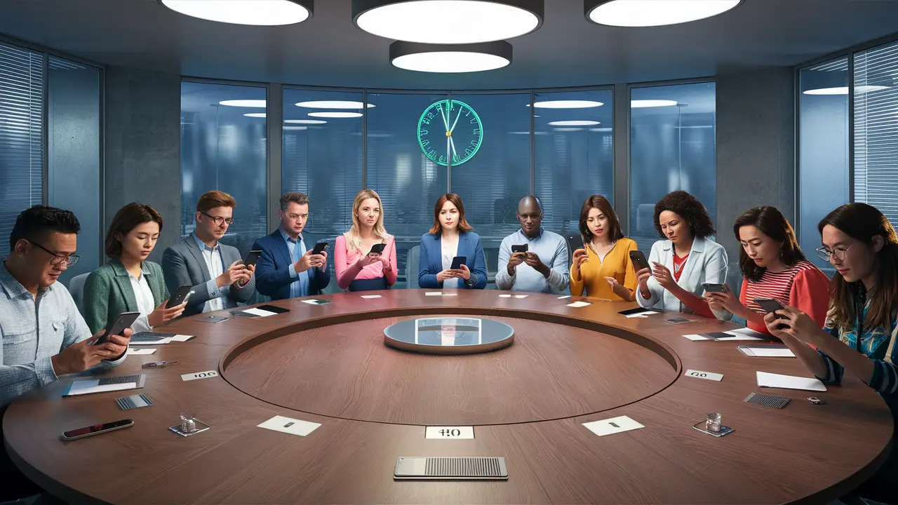 Pessoas em volta de uma mesa de conferência moderna, verificando notificações em smartphones às 10:15.