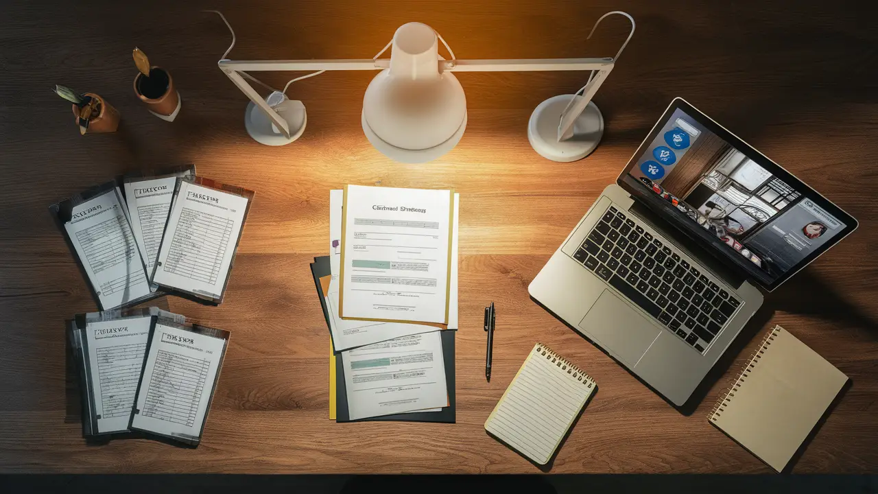 Documentos jurídicos organizados em mesa de madeira com laptop, bloco de notas e caneta sob lâmpada de mesa.