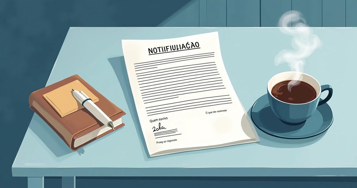 Notificação extrajudicial em uma mesa de madeira com caneta e café, simbolizando análise calma.