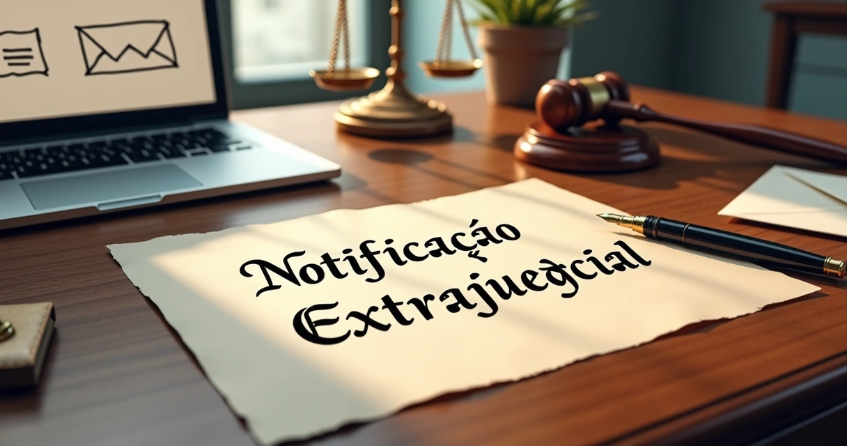 Cena de notificação extrajudicial com carta elegante em uma mesa de madeira, caneta vintage e laptop.
