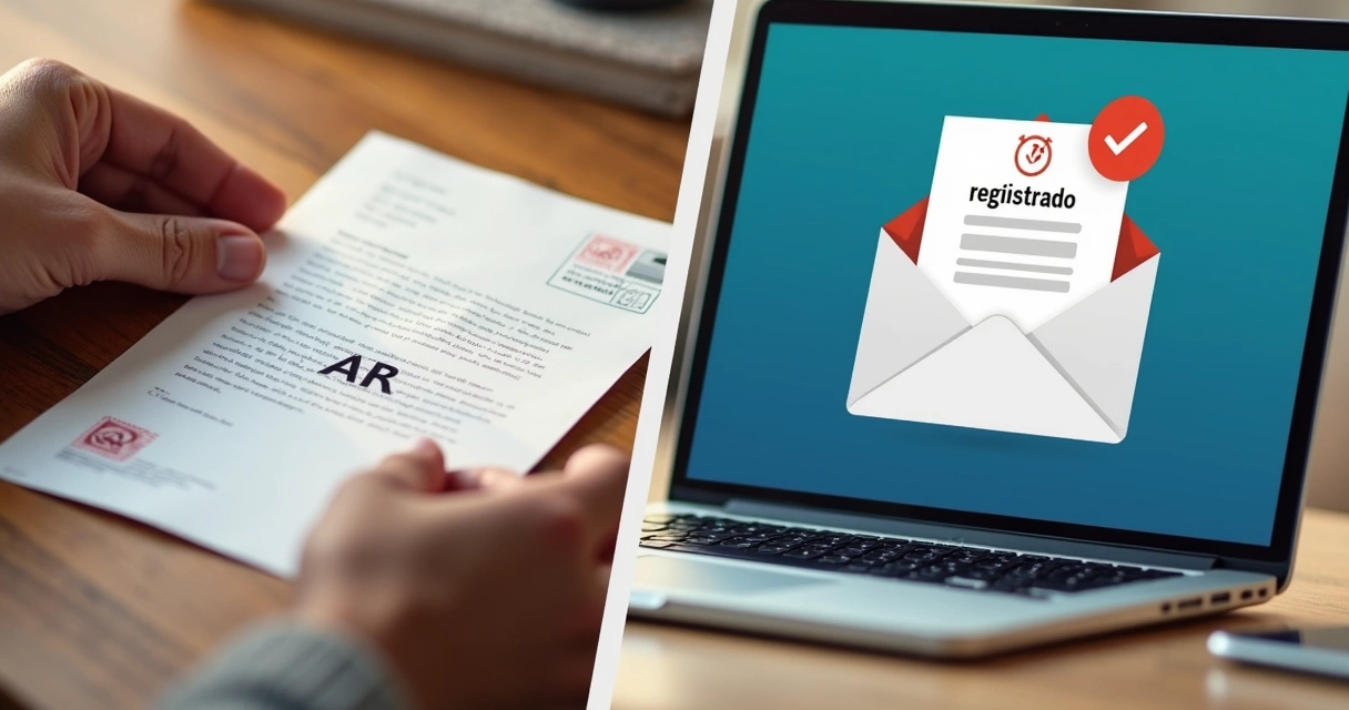 Comparação entre uma carta registrada e um e-mail aberto em um notebook, ambos com sinais de notificação e confirmação. 