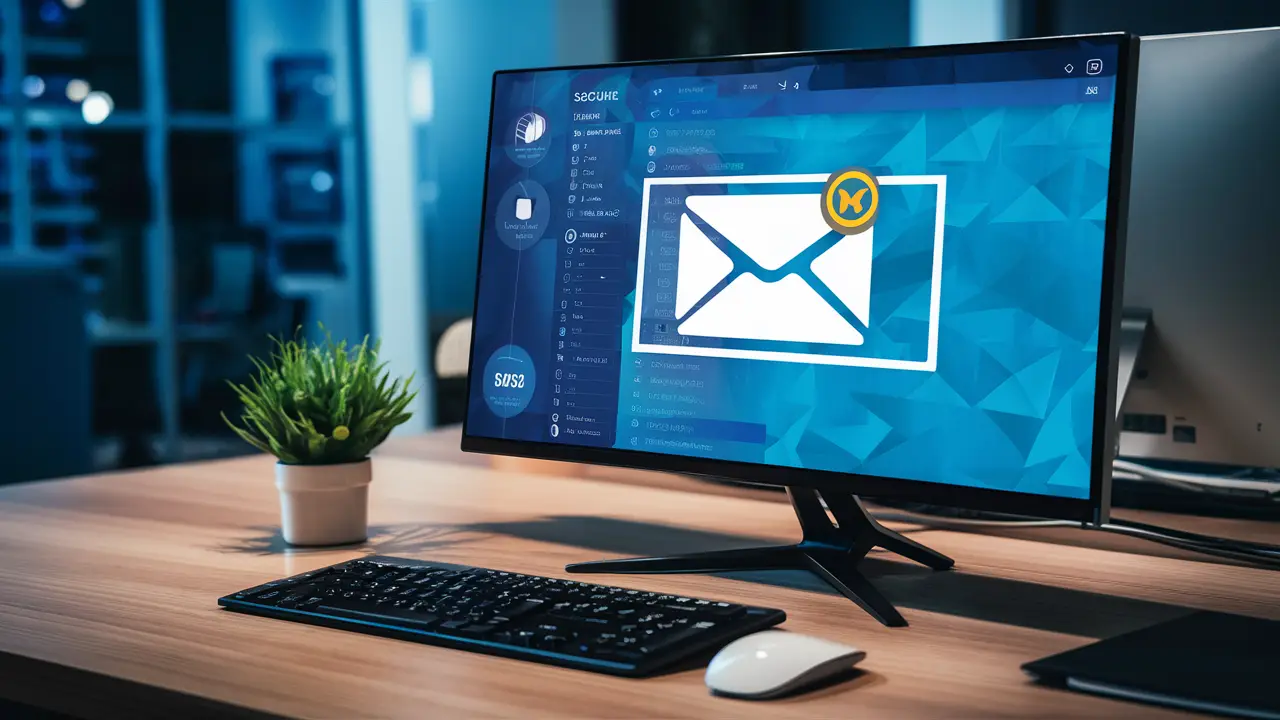 Tela de computador exibindo interface de email com rótulo de segurança e planta em vaso ao lado do teclado.