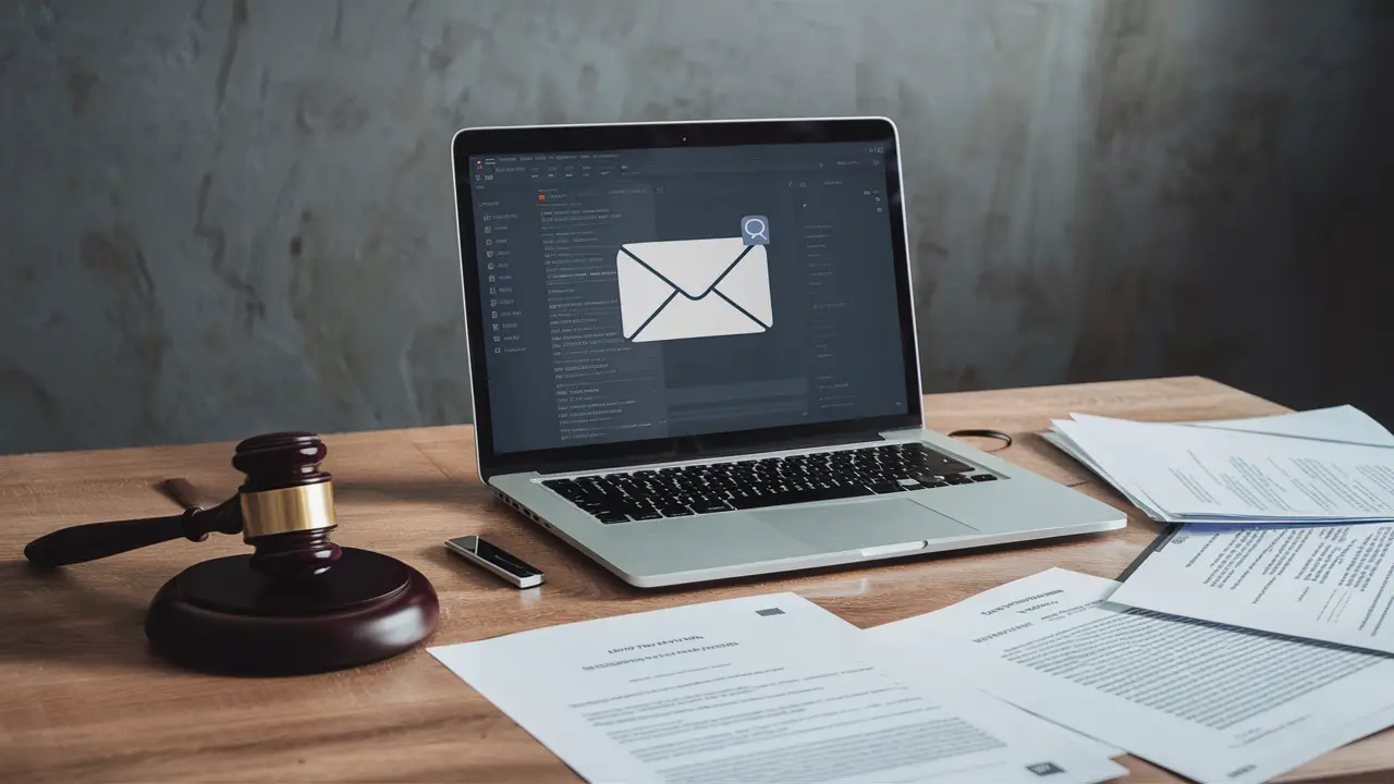 Computador em uma mesa com interface de email, martelo de juiz ao lado e documentos jurídicos espalhados.