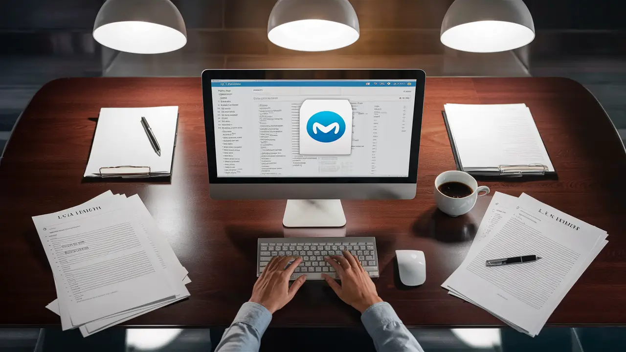 Tela de computador mostrando caixa de entrada de e-mails em mesa de escritório com documentos jurídicos e café.