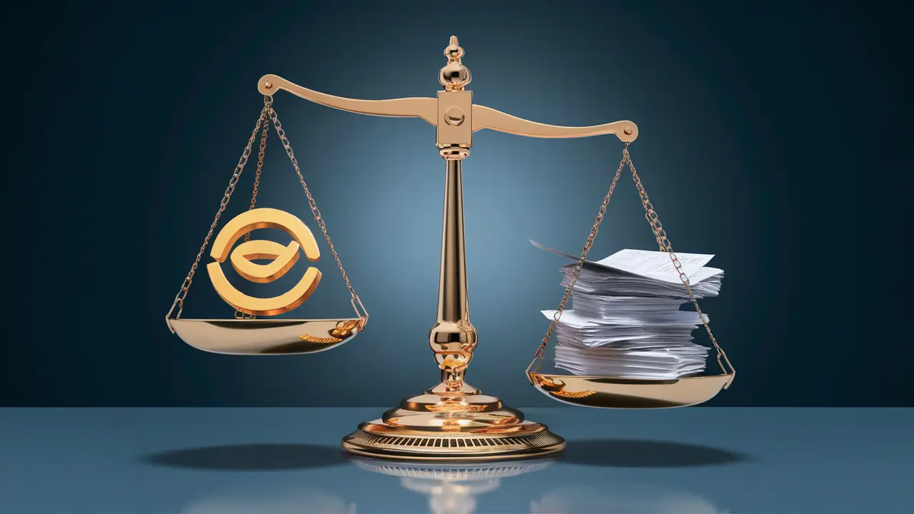 Balança digital da justiça com símbolo de email dourado e pilha de documentos legais em fundo azul escuro.