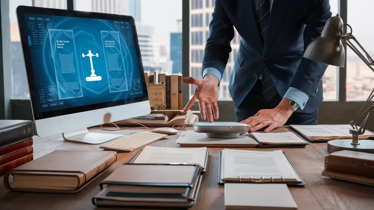 Escritório moderno com computador exibindo documentos legais digitais e advogado usando dispositivo de reconhecimento de voz.