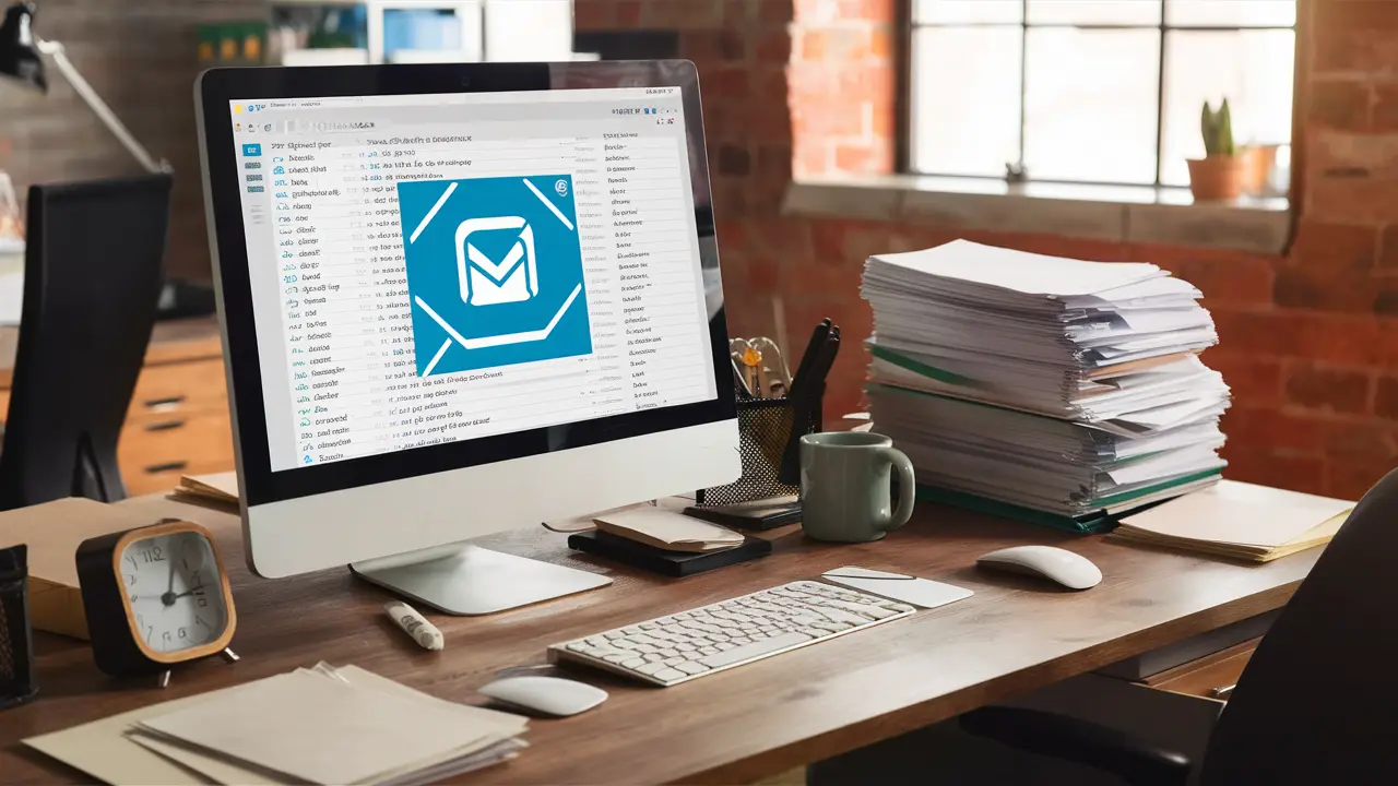 Computador exibindo software de automação de e-mails em mesa de escritório organizada.