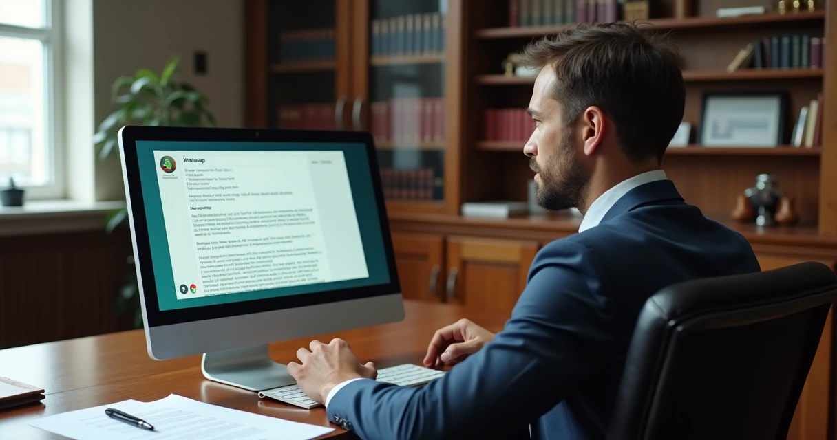 Advogado analisa notificação jurídica enviada por WhatsApp em computador com documentos sobre a mesa 