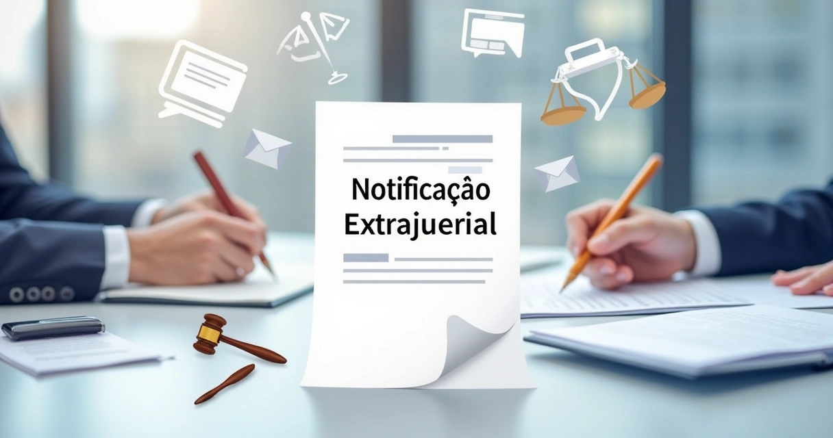Ilustração de documento Notificação Extrajudicial em um ambiente de escritório com elementos legais. 