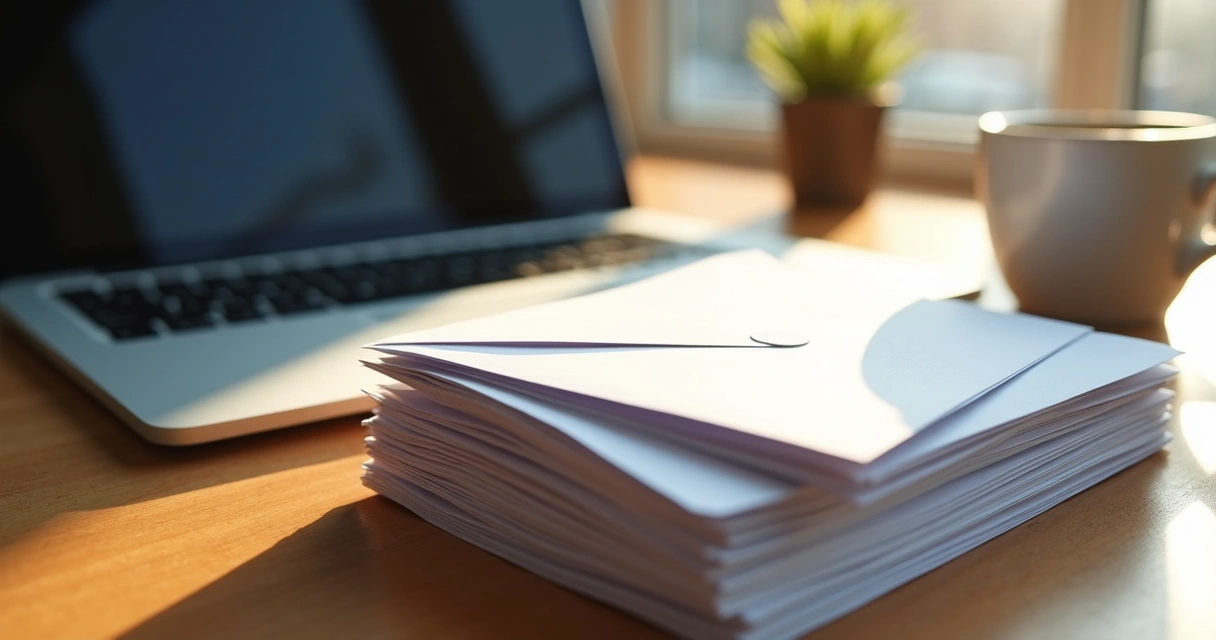 Envelopes sobre uma mesa com computador ao fundo. 