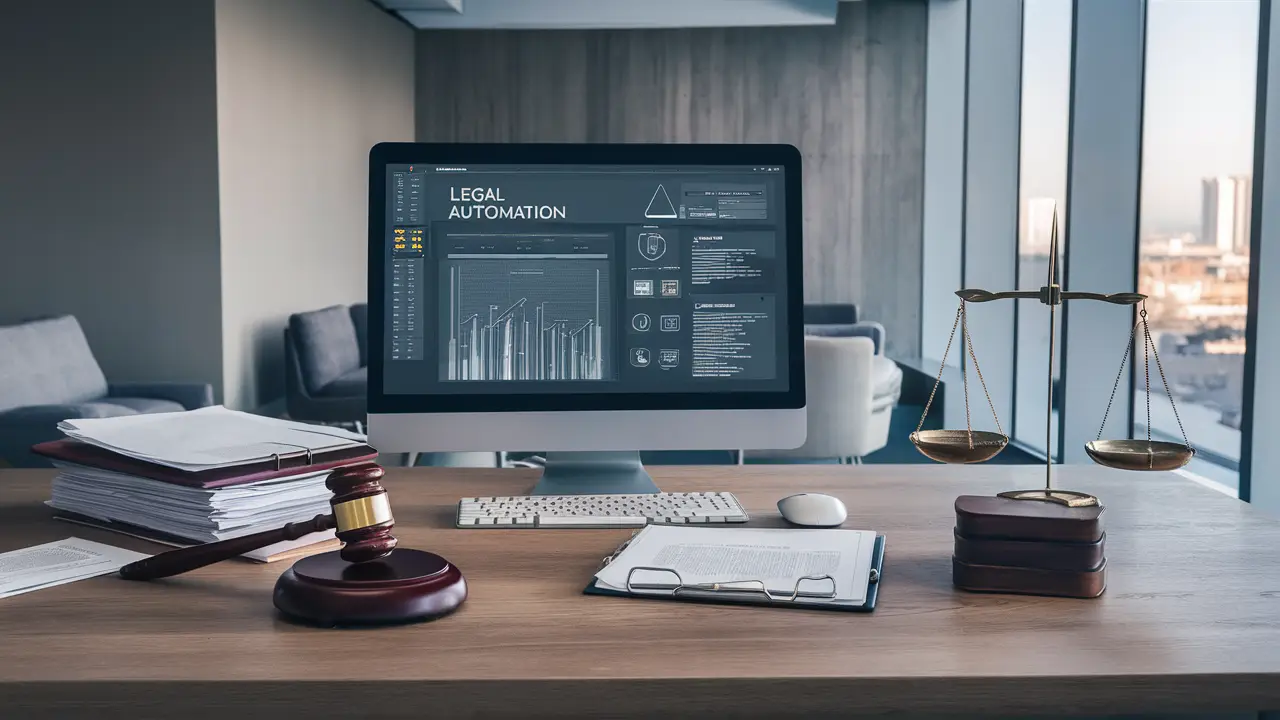 Computador com software de automação jurídica em mesa de escritório moderno com papéis, martelo e balança.
